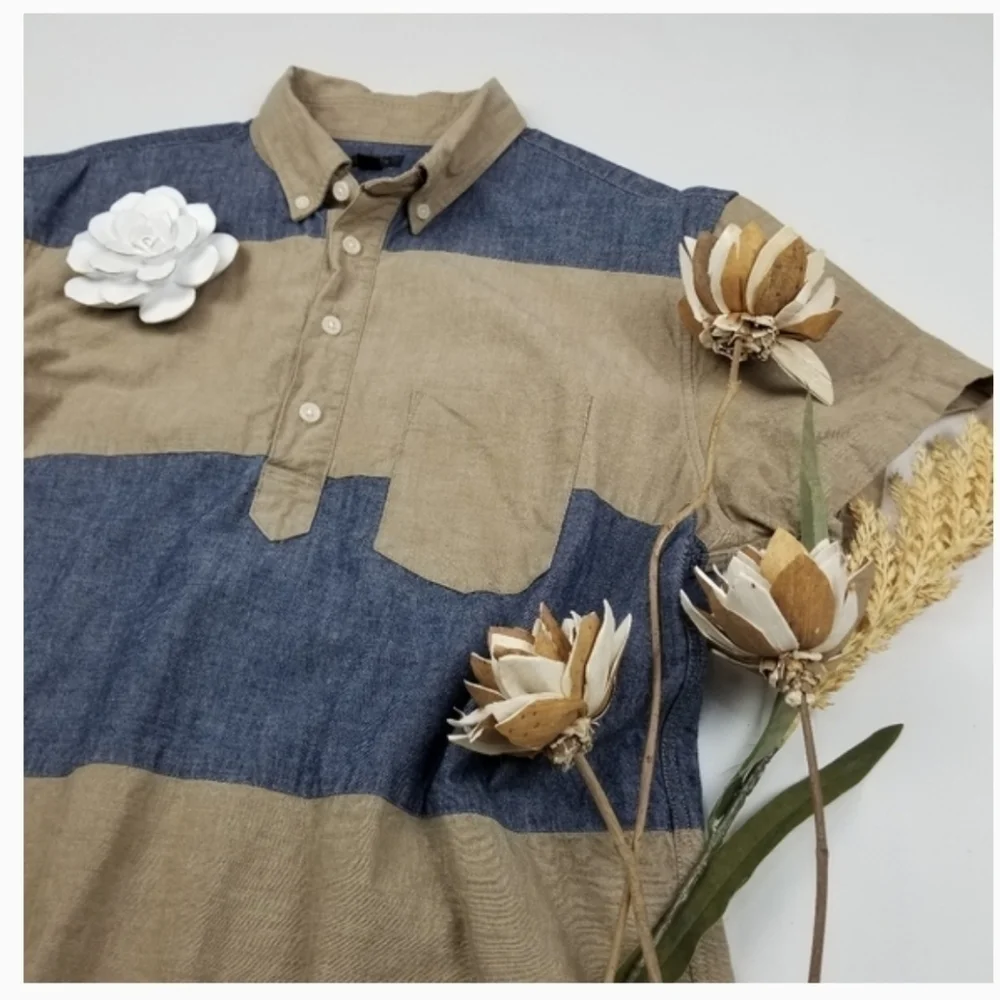 New J. Crew Blue Tan Stripe Polo Men's L